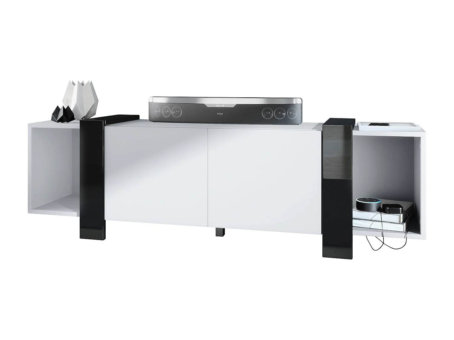 Lowboard Ida 149 x 45,5 x 34 cm Buffet TV avec 4 compartiments et portes PTO, caisson en blanc mat, façades en Noir haute brillance | Grand choix de couleurs