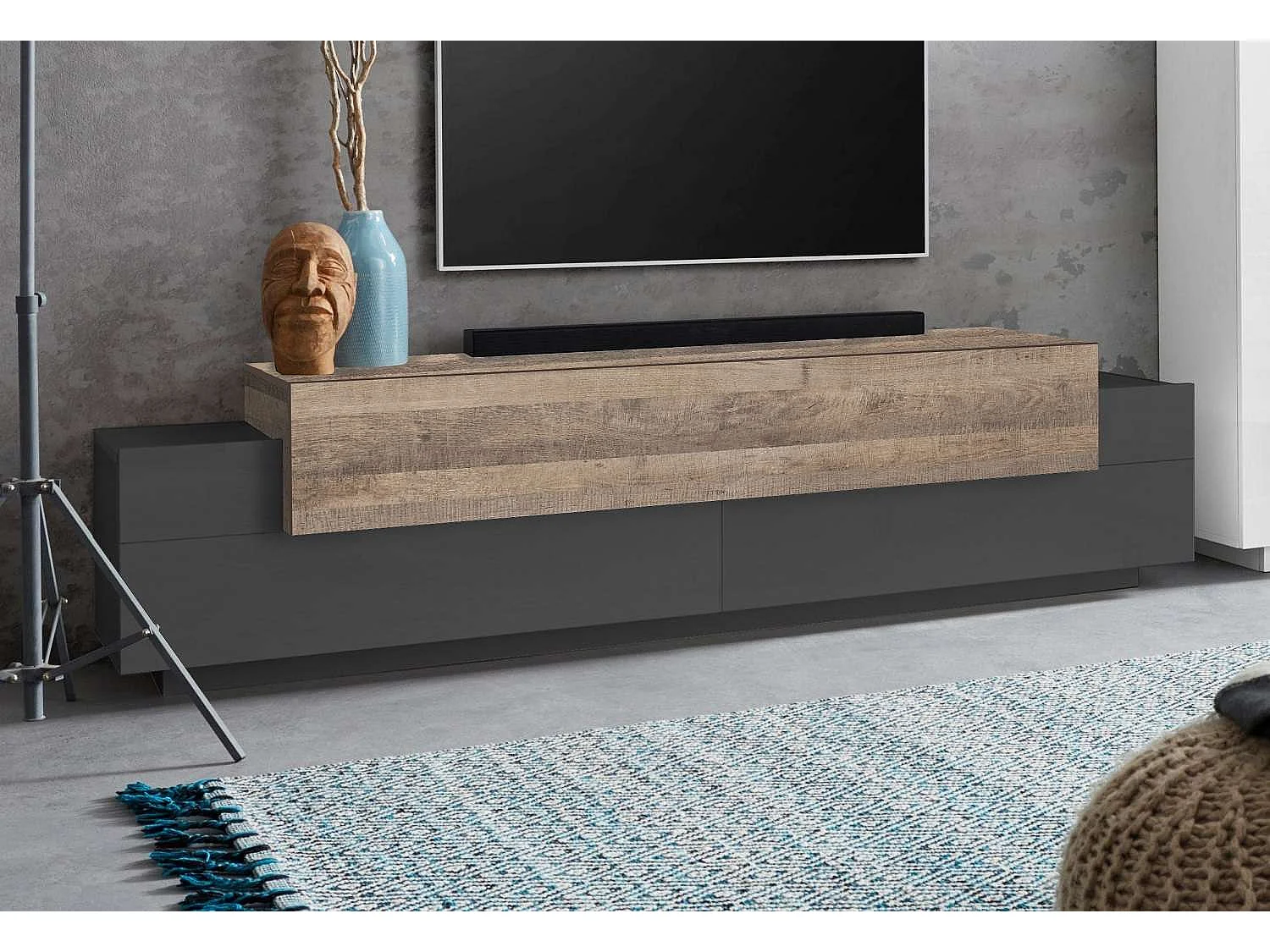 Meuble TV moderne noir et bois 4 placards 3 portes 200cm Corona Low Cyt