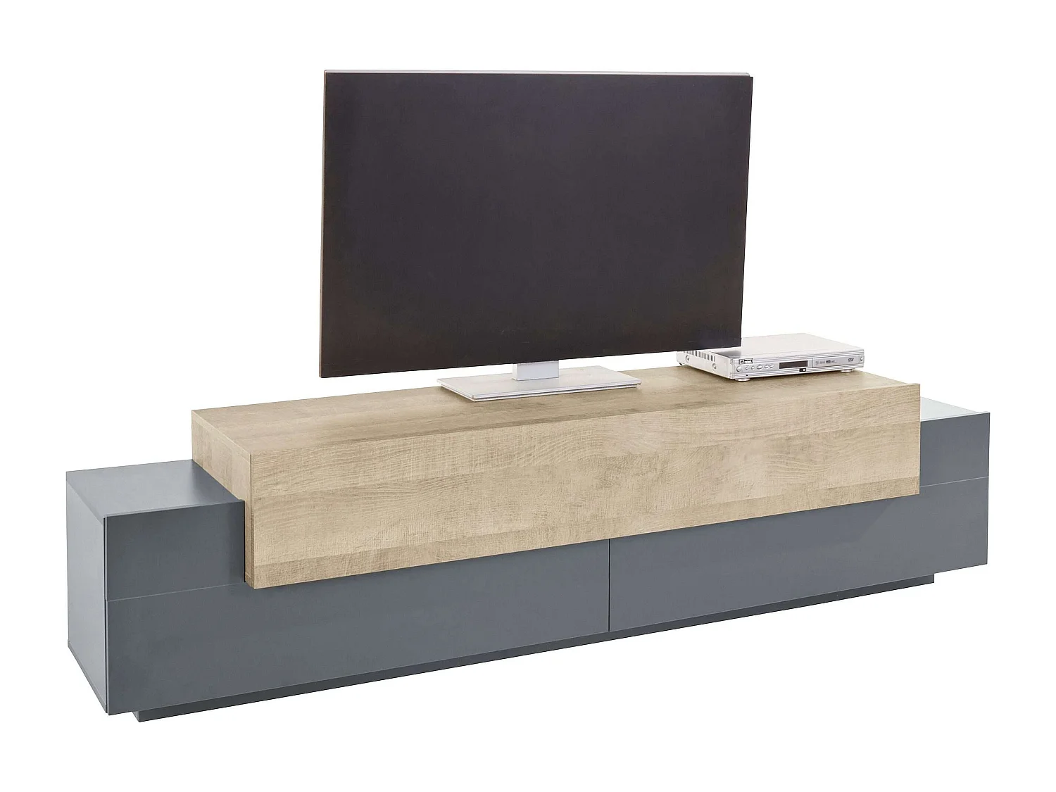 Meuble TV moderne noir et bois 4 placards 3 portes 200cm Corona Low Cyt