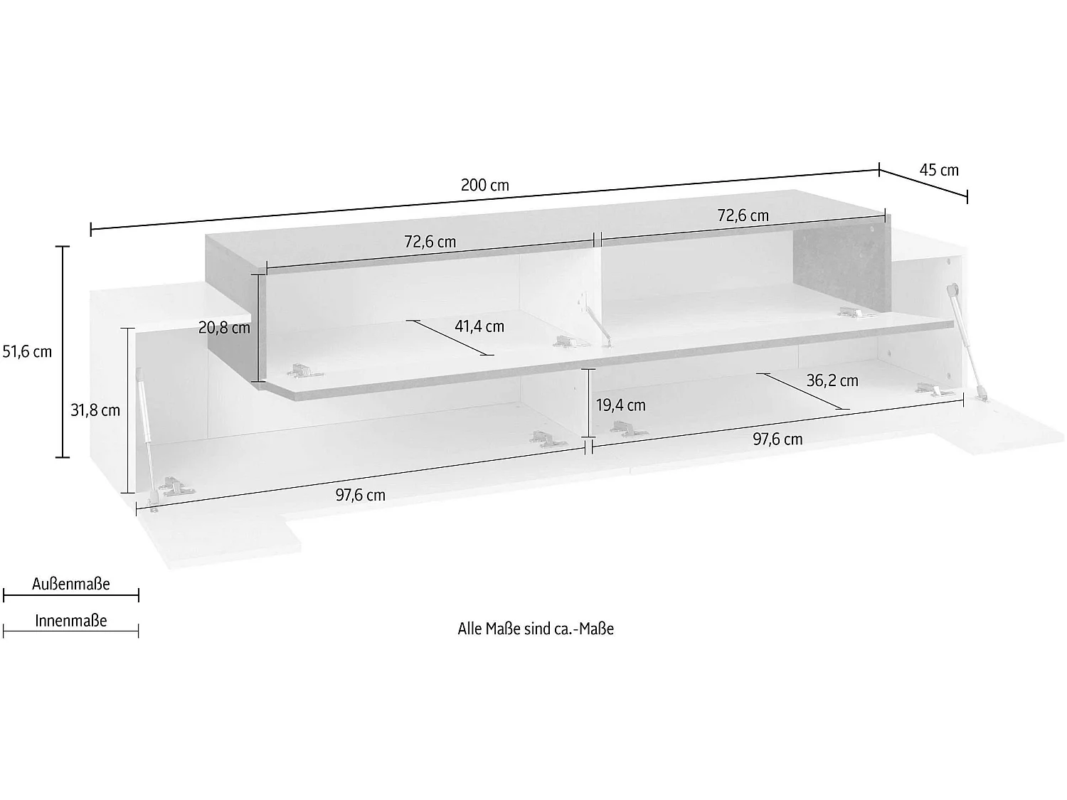 Meuble TV moderne noir et bois 4 placards 3 portes 200cm Corona Low Cyt