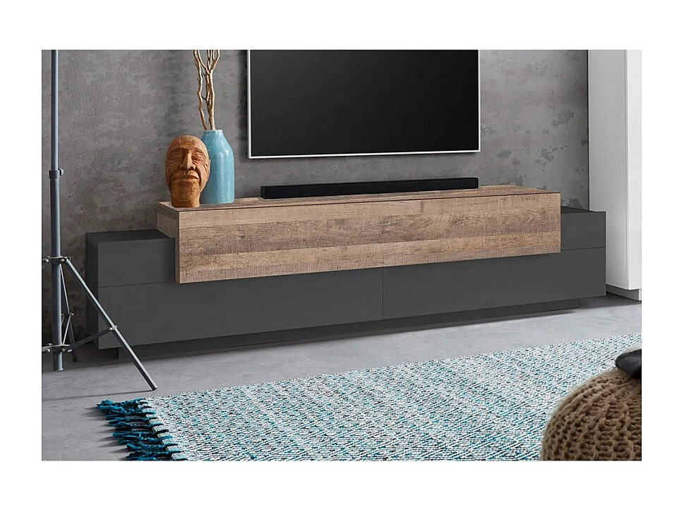 Meuble TV moderne noir et bois 4 placards 3 portes 200cm Corona Low Cyt