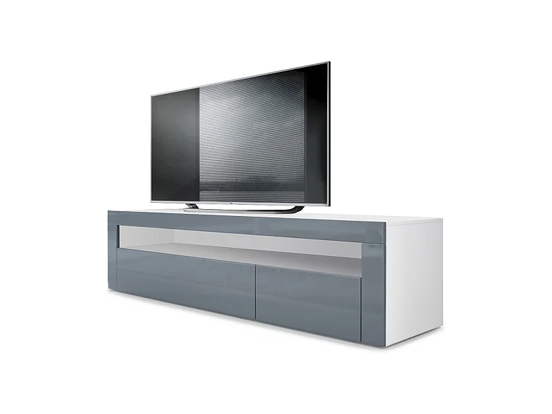Buffet bas Valencia, Meuble TV avec 1 compartiment ouvert et 2 clapets, Blanc mat/gris haute brillance/gris haute brillance (155 x 46 x 40 cm)