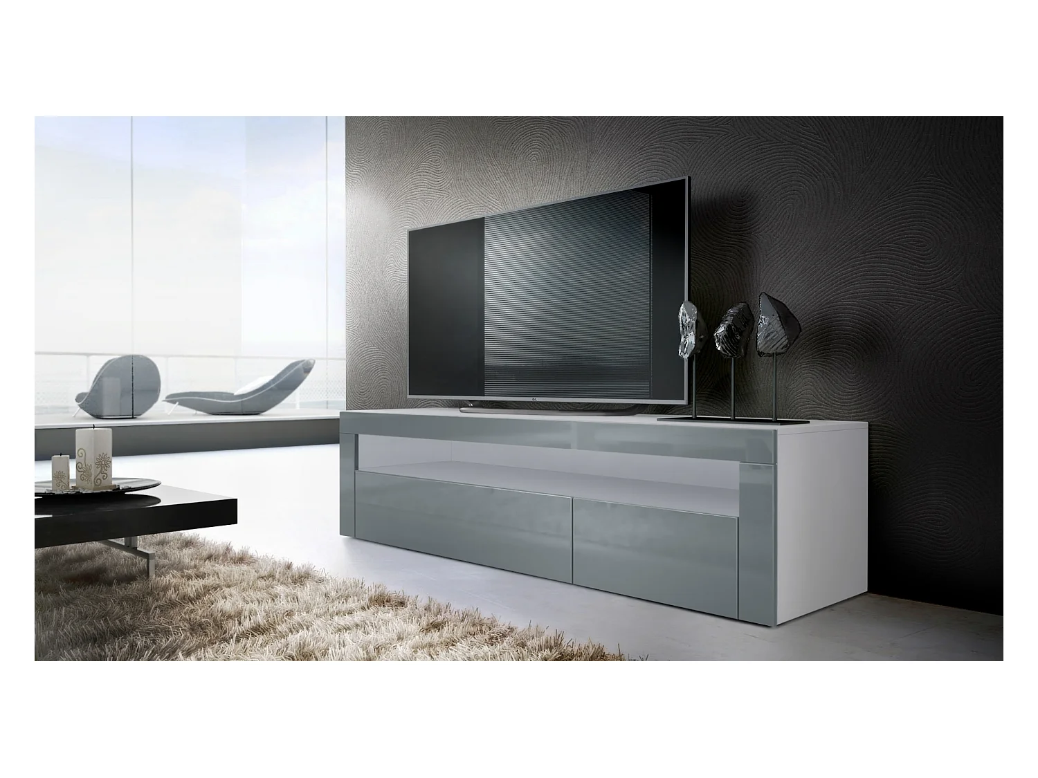 Buffet bas Valencia, Meuble TV avec 1 compartiment ouvert et 2 clapets, Blanc mat/gris haute brillance/gris haute brillance (155 x 46 x 40 cm)
