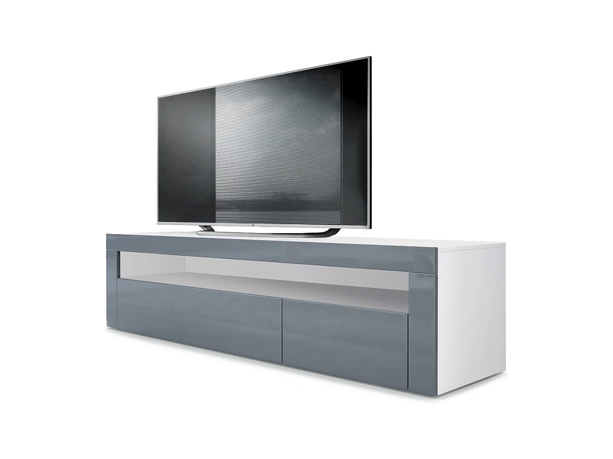 Buffet bas Valencia, Meuble TV avec 1 compartiment ouvert et 2 clapets, Blanc mat/gris haute brillance/gris haute brillance (155 x 46 x 40 cm)