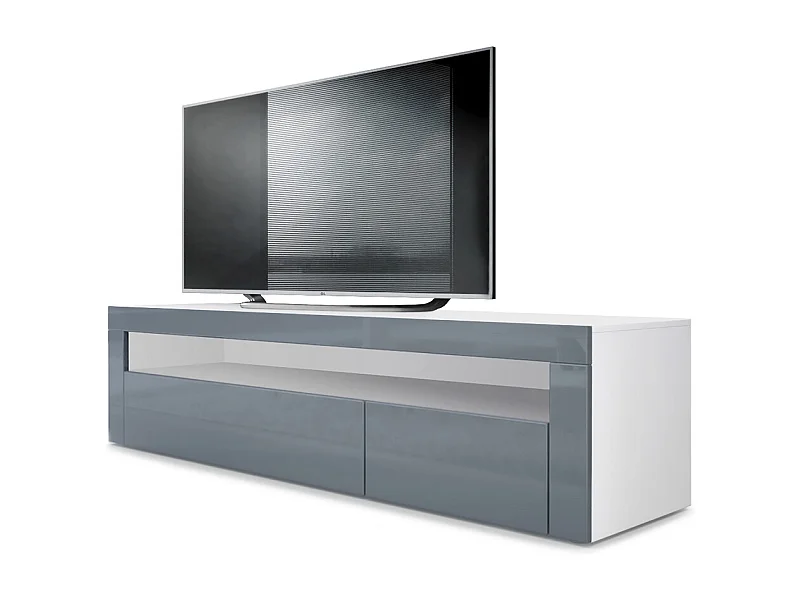 Buffet bas Valencia, Meuble TV avec 1 compartiment ouvert et 2 clapets, Blanc mat/gris haute brillance/gris haute brillance (155 x 46 x 40 cm)