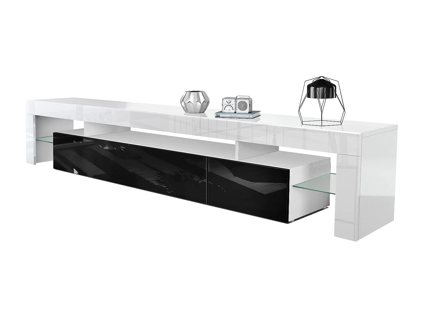 Buffet bas Lima V2, Meuble TV avec 2 clapets, 1 compartiment ouvert et 2 étagères en verre, Blanc haute brillance/Noir haute brillance (189 x 38 x 35 cm)