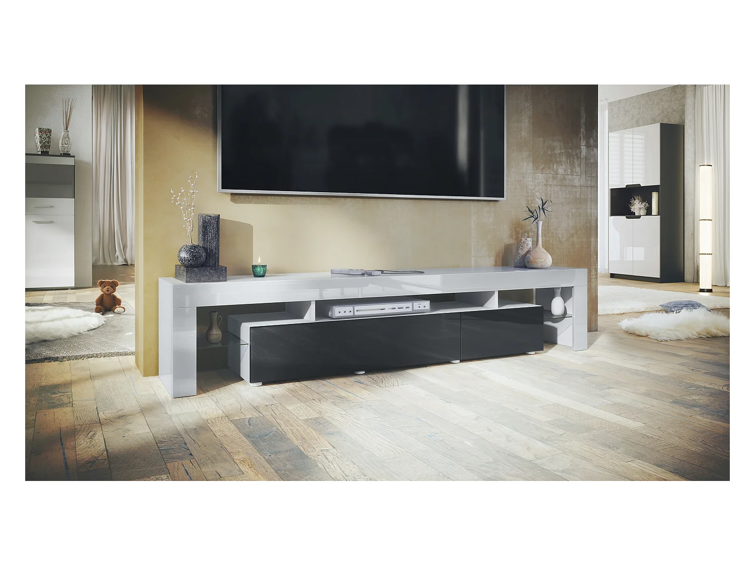 Buffet bas Lima V2, Meuble TV avec 2 clapets, 1 compartiment ouvert et 2 étagères en verre, Blanc haute brillance/Noir haute brillance (189 x 38 x 35 cm)