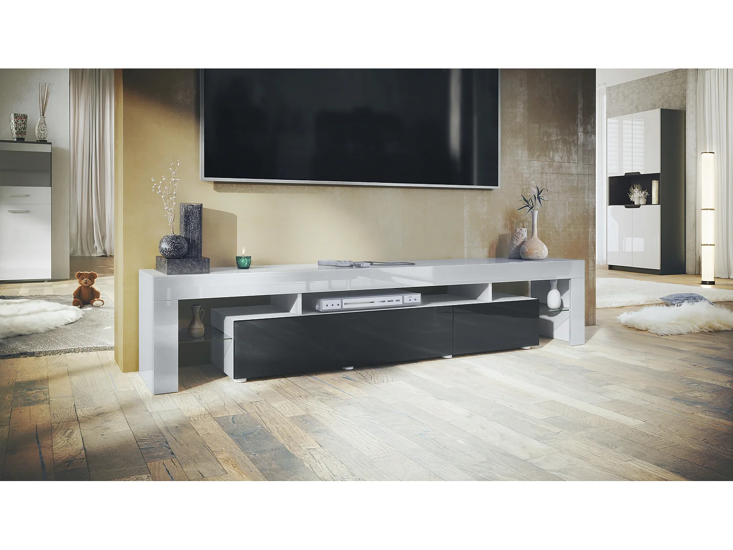 Buffet bas Lima V2, Meuble TV avec 2 clapets, 1 compartiment ouvert et 2 étagères en verre, Blanc haute brillance/Noir haute brillance (189 x 38 x 35 cm)