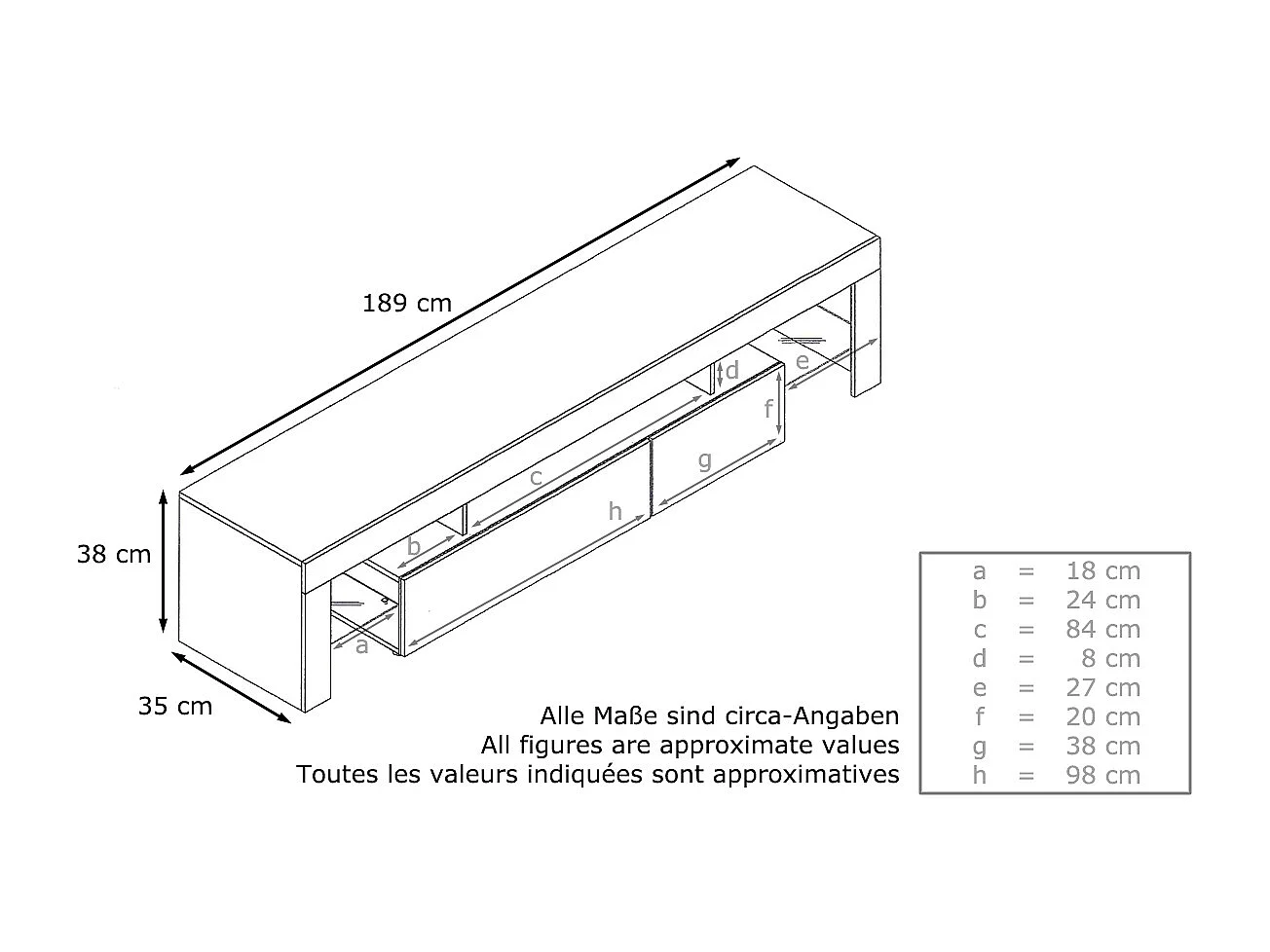 Buffet bas Lima V2, Meuble TV avec 2 clapets, 1 compartiment ouvert et 2 étagères en verre, Blanc haute brillance/Noir haute brillance (189 x 38 x 35 cm)