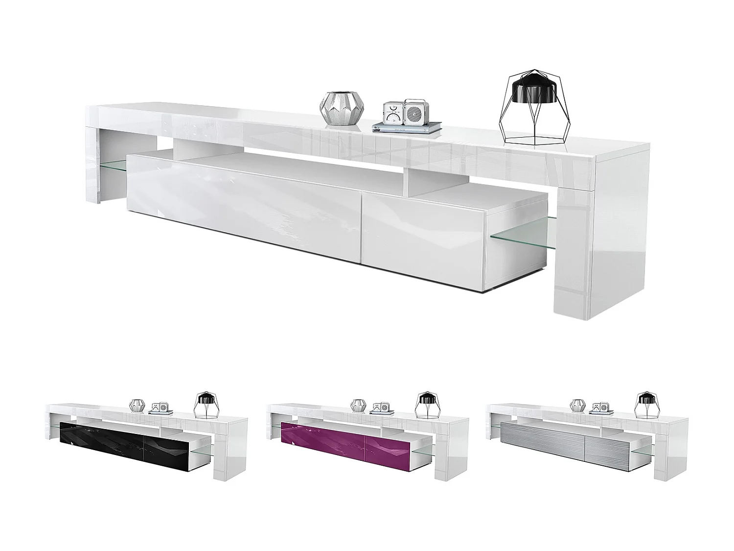 Buffet bas Lima V2, Meuble TV avec 2 clapets, 1 compartiment ouvert et 2 étagères en verre, Blanc haute brillance/Noir haute brillance (189 x 38 x 35 cm)