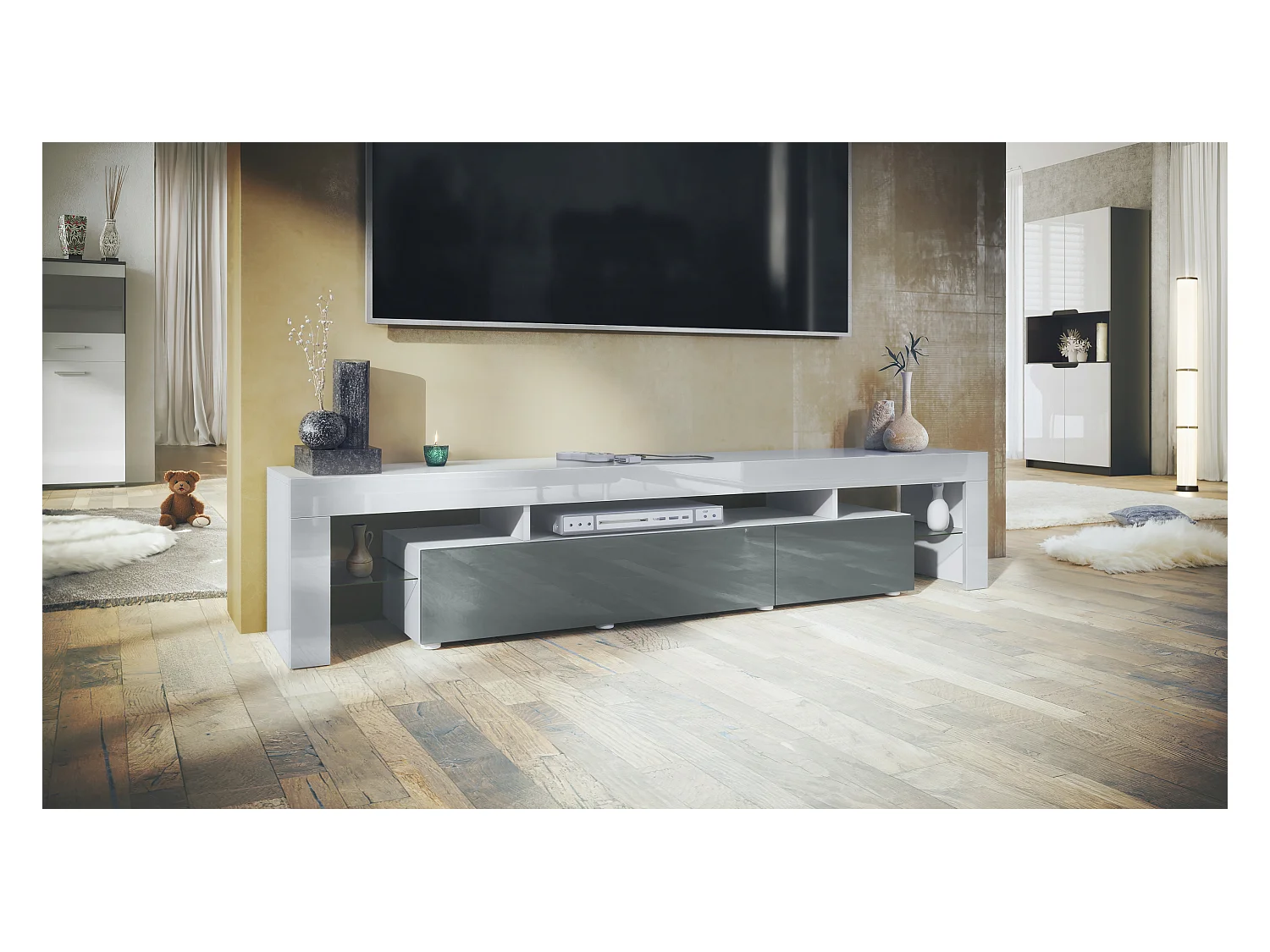 Buffet bas Lima V2, Meuble TV avec 2 clapets, 1 compartiment ouvert et 2 étagères en verre, Blanc haute brillance/Gris haute brillance (189 x 38 x 35 cm)