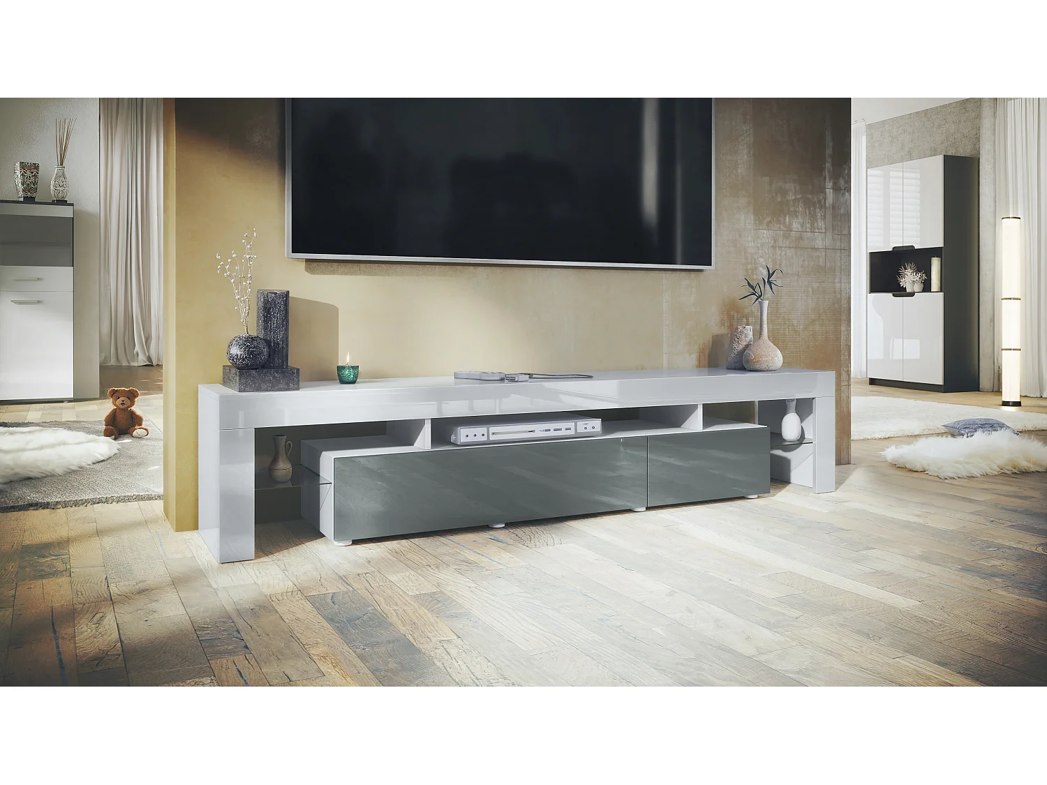 Buffet bas Lima V2, Meuble TV avec 2 clapets, 1 compartiment ouvert et 2 étagères en verre, Blanc haute brillance/Gris haute brillance (189 x 38 x 35 cm)