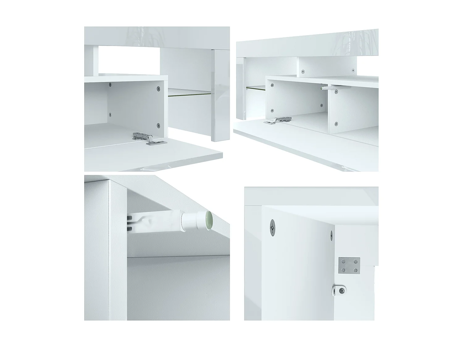 Buffet bas Lima V2, Meuble TV avec 2 clapets, 1 compartiment ouvert et 2 étagères en verre, Blanc haute brillance/Gris haute brillance (189 x 38 x 35 cm)