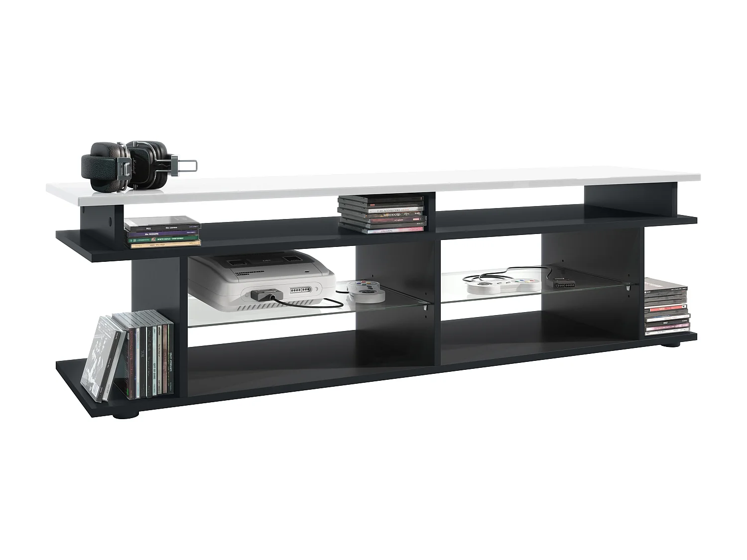 TV Board Movie V3 Game On 138,5 x 39 x 37,5 cm , caisson en noir mat, élément supérieur en blanc haute brillance