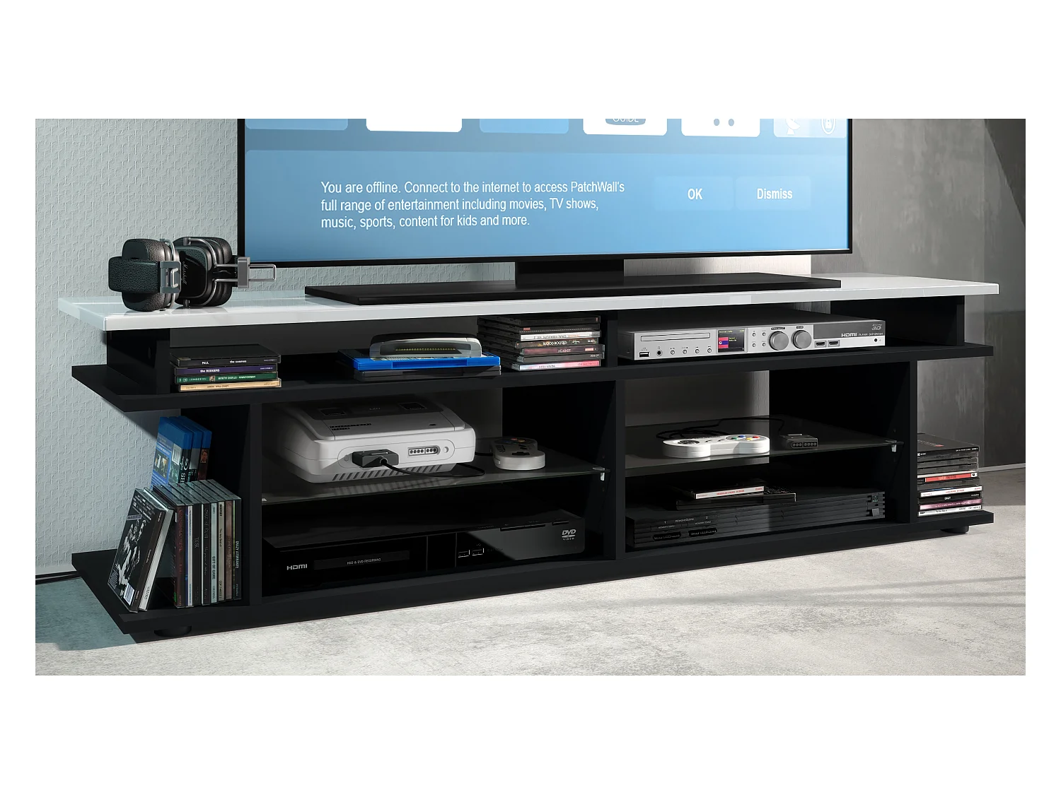 TV Board Movie V3 Game On 138,5 x 39 x 37,5 cm , caisson en noir mat, élément supérieur en blanc haute brillance