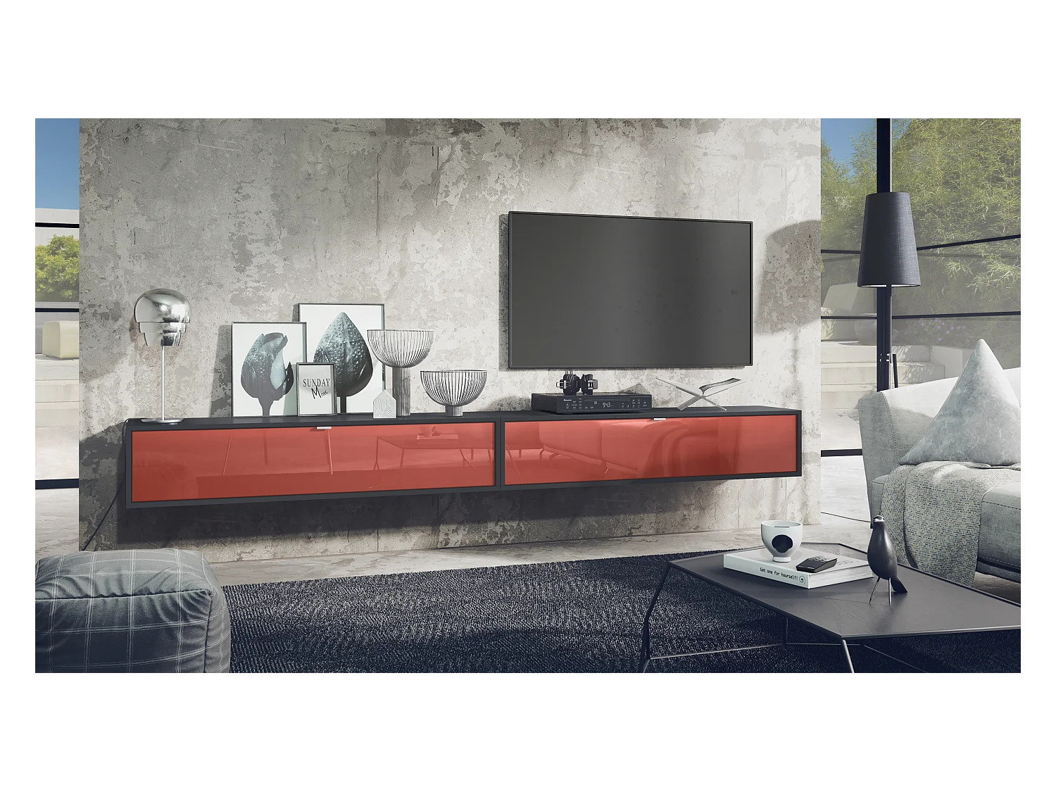 Ensemble de 2 set meuble TV Lana 140, lowboards de 140x29x37 cm chacun avec beaucoup d'espace de rangement en Noir mat, façades en Bordeaux brillant