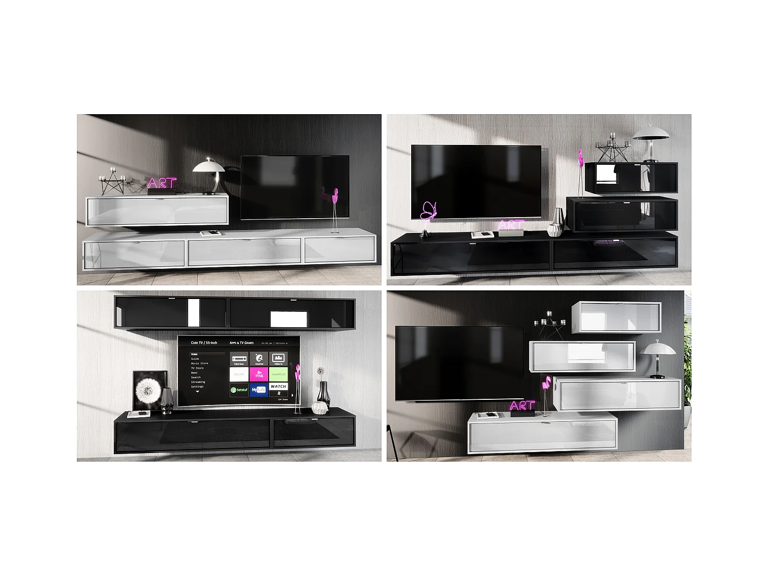 Ensemble de 2 set meuble TV Lana 140, lowboards de 140x29x37 cm chacun avec beaucoup d'espace de rangement en Noir mat, façades en Bordeaux brillant