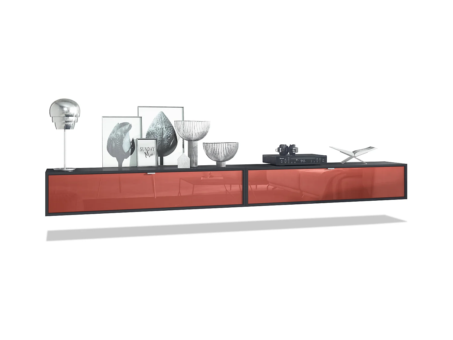 Ensemble de 2 set meuble TV Lana 140, lowboards de 140x29x37 cm chacun avec beaucoup d'espace de rangement en Noir mat, façades en Bordeaux brillant