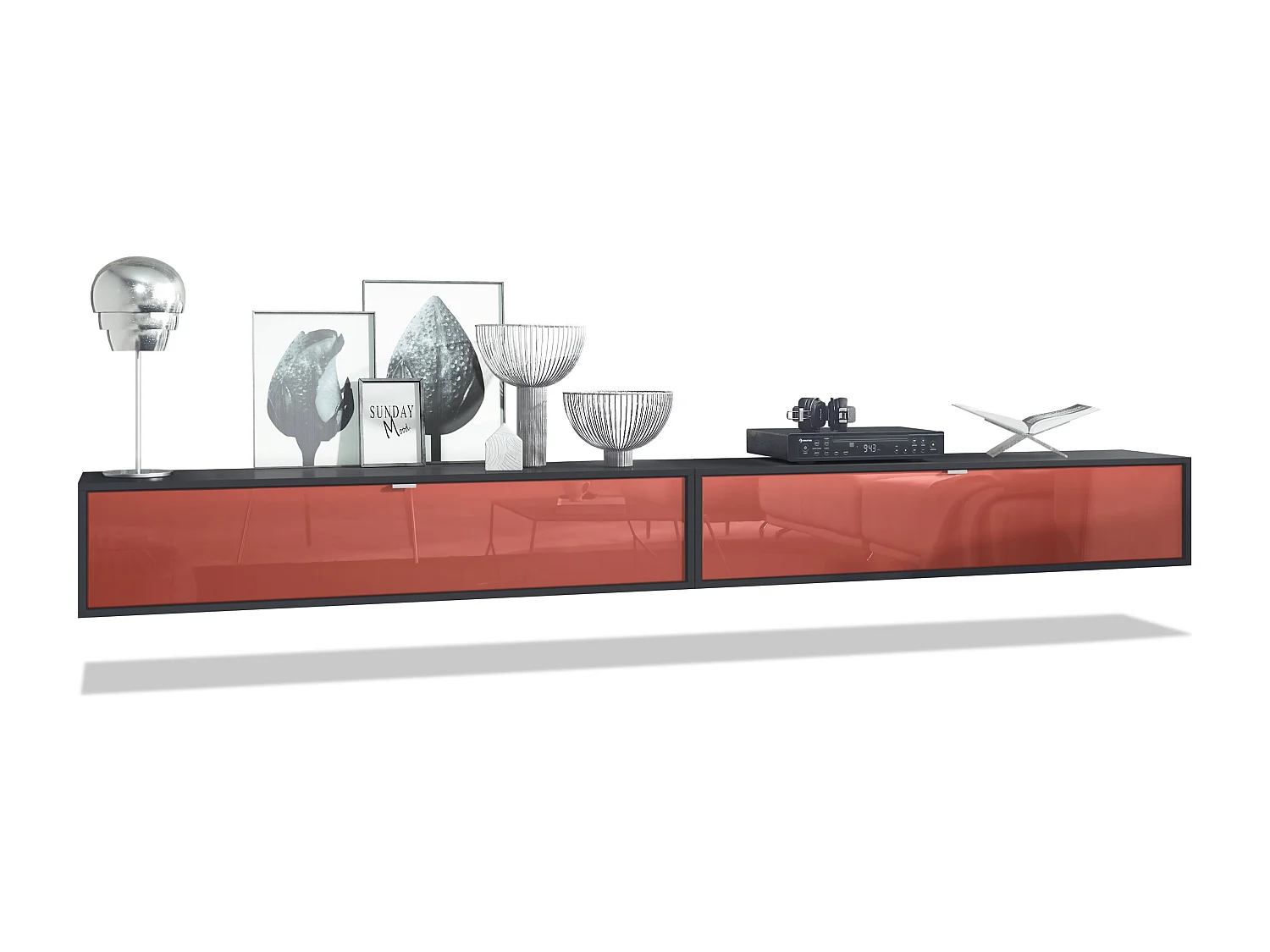 Ensemble de 2 set meuble TV Lana 140, lowboards de 140x29x37 cm chacun avec beaucoup d'espace de rangement en Noir mat, façades en Bordeaux brillant