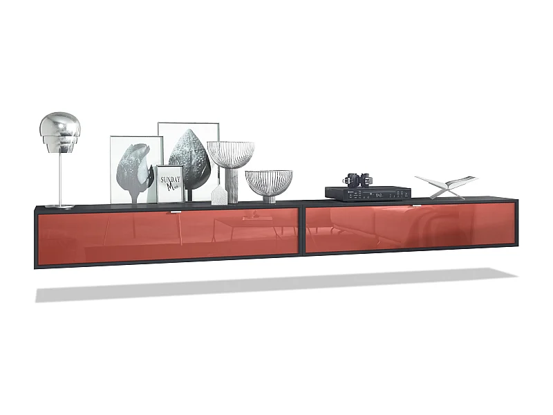 Ensemble de 2 set meuble TV Lana 140, lowboards de 140x29x37 cm chacun avec beaucoup d'espace de rangement en Noir mat, façades en Bordeaux brillant