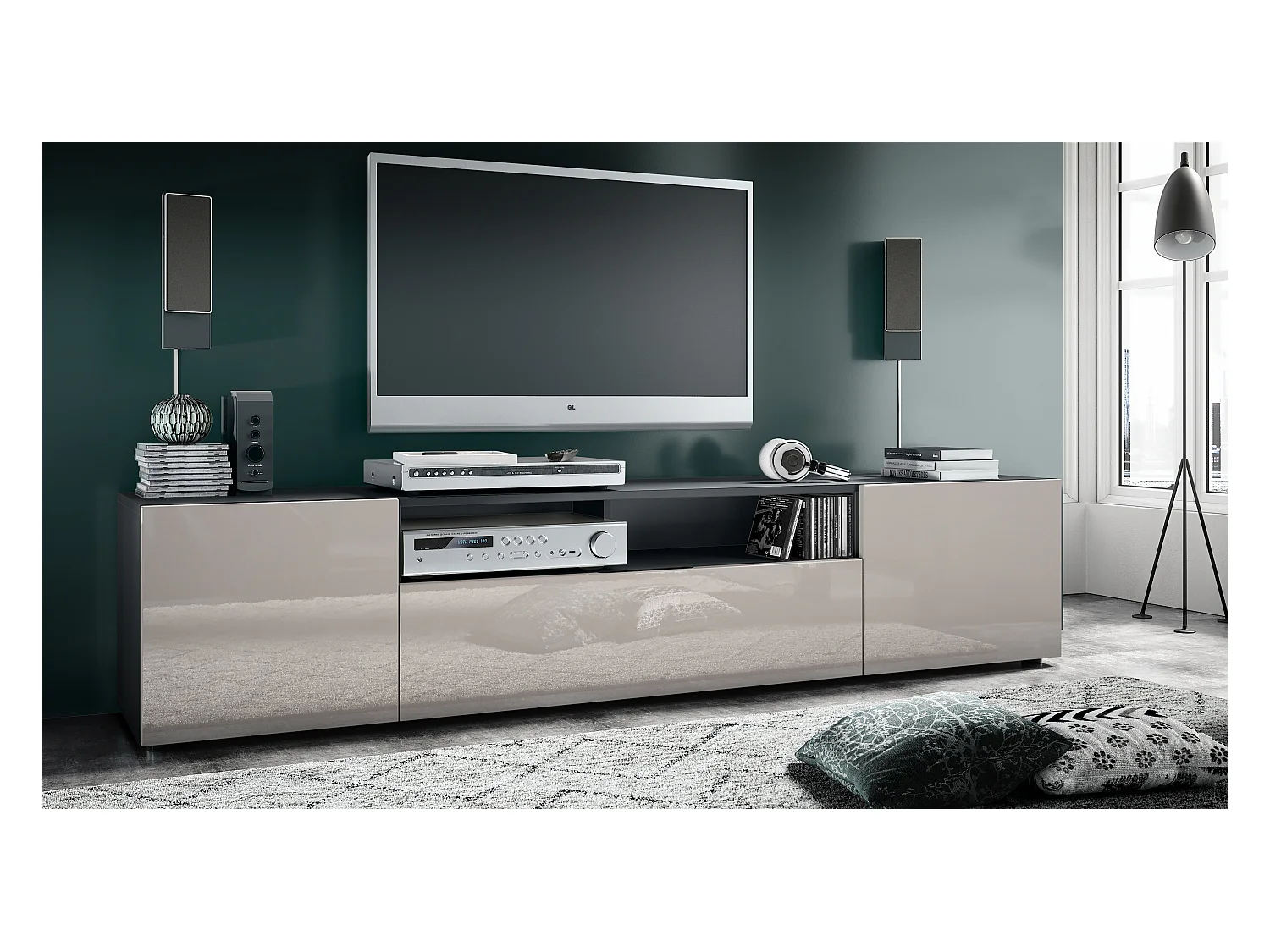 Buffet bas Mogan, Meuble TV avec 2 portes, 1 clapet et 1 compartiment ouvert, Noir mat/Gris sable haute brillance (181 x 39 x 35 cm)