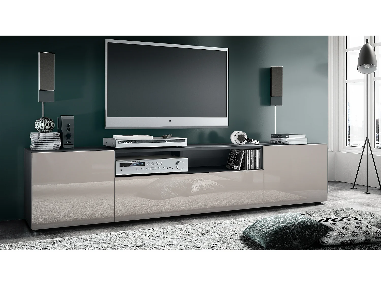 Buffet bas Mogan, Meuble TV avec 2 portes, 1 clapet et 1 compartiment ouvert, Noir mat/Gris sable haute brillance (181 x 39 x 35 cm)