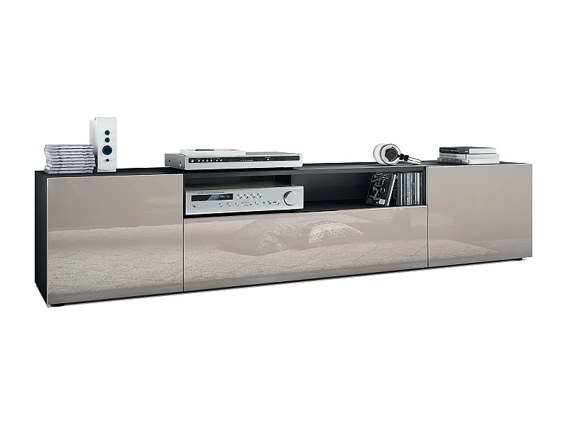 Mobiletto  Mogan, mobile TV con 2 ante, 1 anta a ribalta e 1 scomparto a giorno, nero opaco/grigio sabbia lucido (181 x 39 x 35 cm)