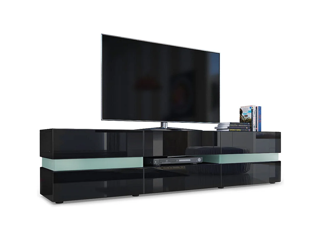 Buffet bas Flow, Meuble TV avec vitre d’ambiance rétroéclairée, 2 portes, 1 tiroir et 1 clapet, Noir mat/Noir haute brillance (177 x 45 x 39 cm)