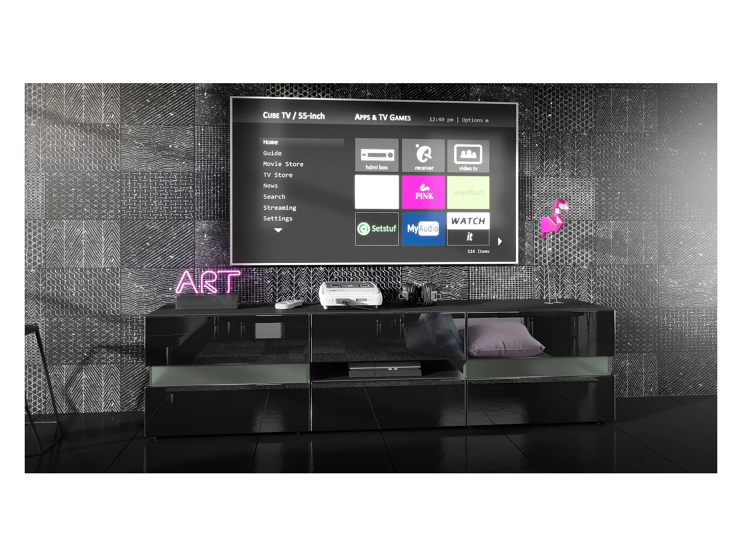 Buffet bas Flow, Meuble TV avec vitre d’ambiance rétroéclairée, 2 portes, 1 tiroir et 1 clapet, Noir mat/Noir haute brillance (177 x 45 x 39 cm)