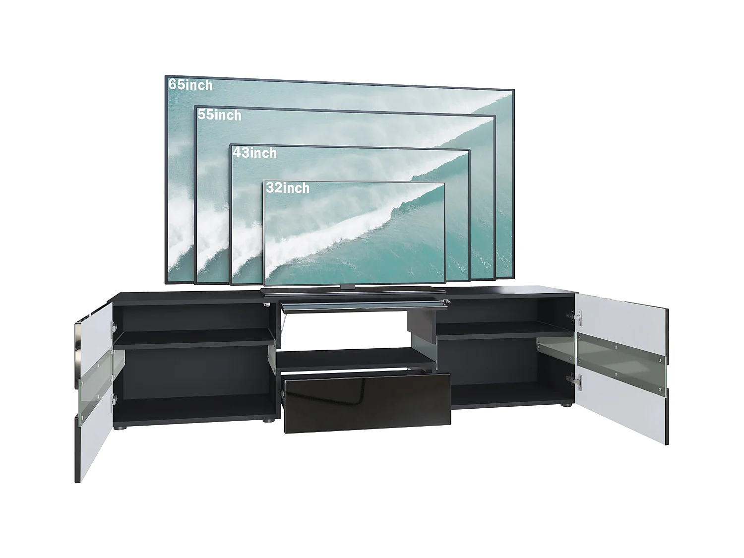 Buffet bas Flow, Meuble TV avec vitre d’ambiance rétroéclairée, 2 portes, 1 tiroir et 1 clapet, Noir mat/Noir haute brillance (177 x 45 x 39 cm)