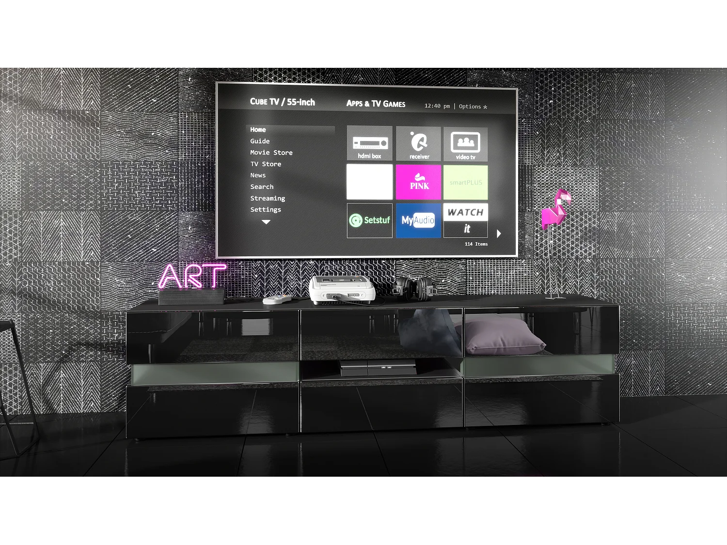 Buffet bas Flow, Meuble TV avec vitre d’ambiance rétroéclairée, 2 portes, 1 tiroir et 1 clapet, Noir mat/Noir haute brillance (177 x 45 x 39 cm)