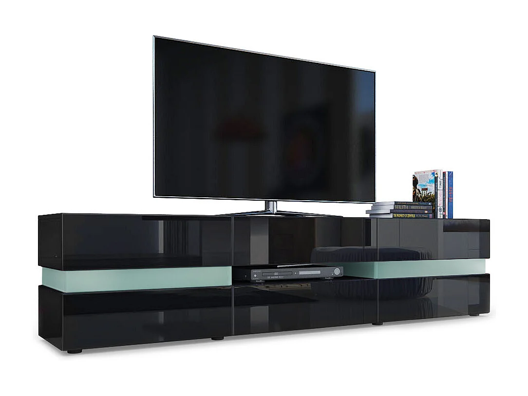 Buffet bas Flow, Meuble TV avec vitre d’ambiance rétroéclairée, 2 portes, 1 tiroir et 1 clapet, Noir mat/Noir haute brillance (177 x 45 x 39 cm)