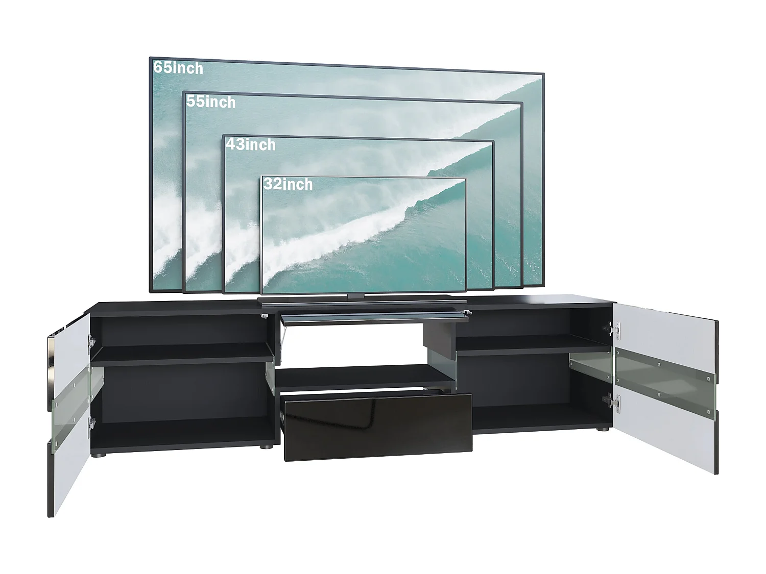 Buffet bas Flow, Meuble TV avec vitre d’ambiance rétroéclairée, 2 portes, 1 tiroir et 1 clapet, Noir mat/Noir haute brillance (177 x 45 x 39 cm)