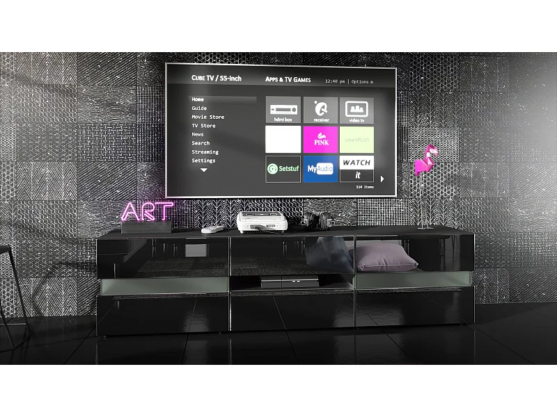 Flow Lowboard, mobile TV con vetro a luce ambiente con 2 ante, 1 cassetto e 1 anta a ribalta, nero opaco/nero lucido (177 x 45 x 39 cm)