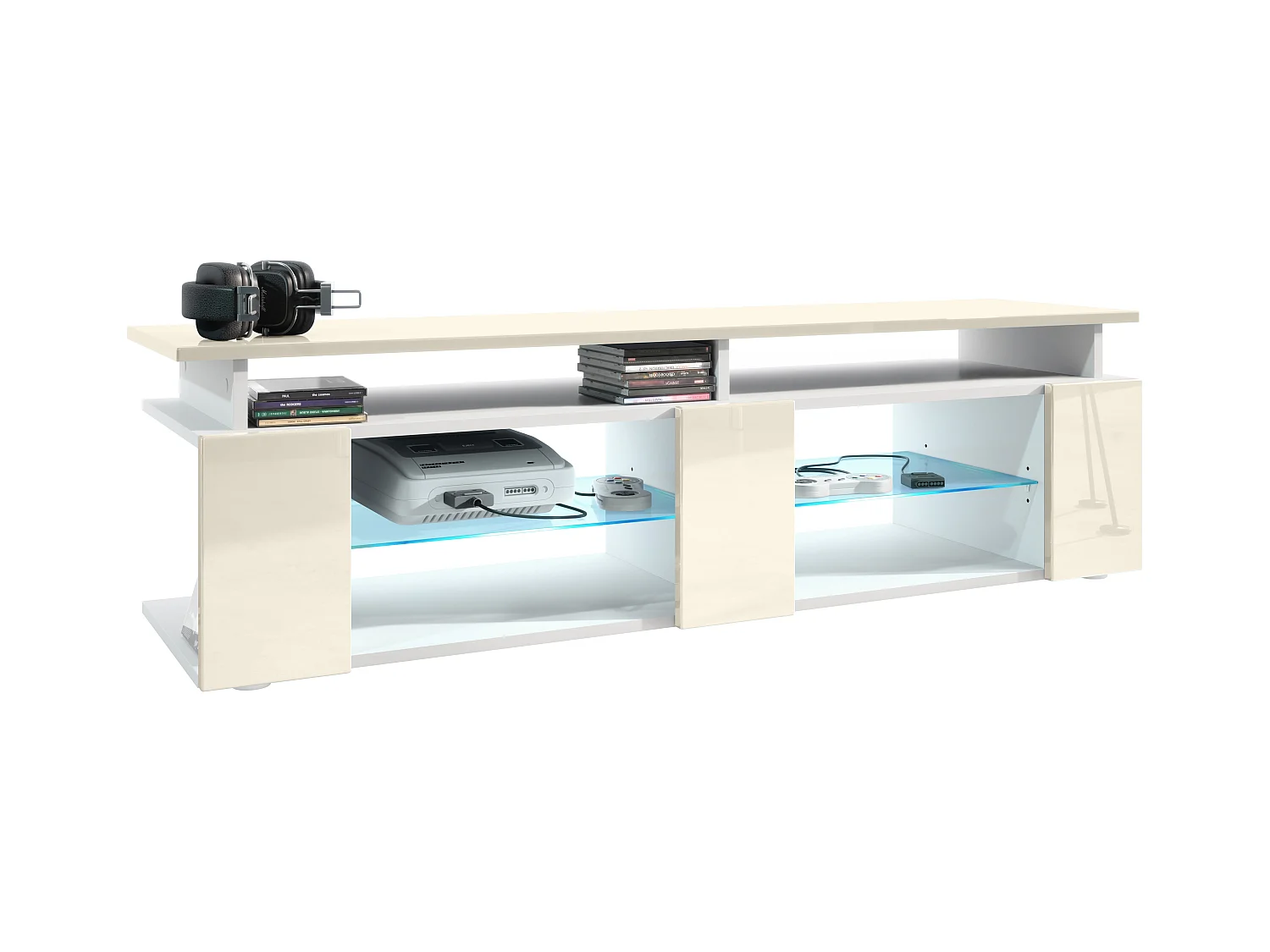 TV Board Movie V2 Game On Lowboard 138,5 x 39 x 39 cm , caisson en blanc mat, façades en crème haute brillance