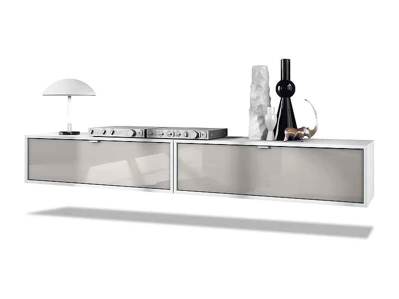 Ensemble de 2 set meuble TV Lana 100, lowboards de 100 x 29 x 37 cm chacun avec beaucoup d'espace de rangement, caisson en Blanc mat, façades en Gris sable brillant
