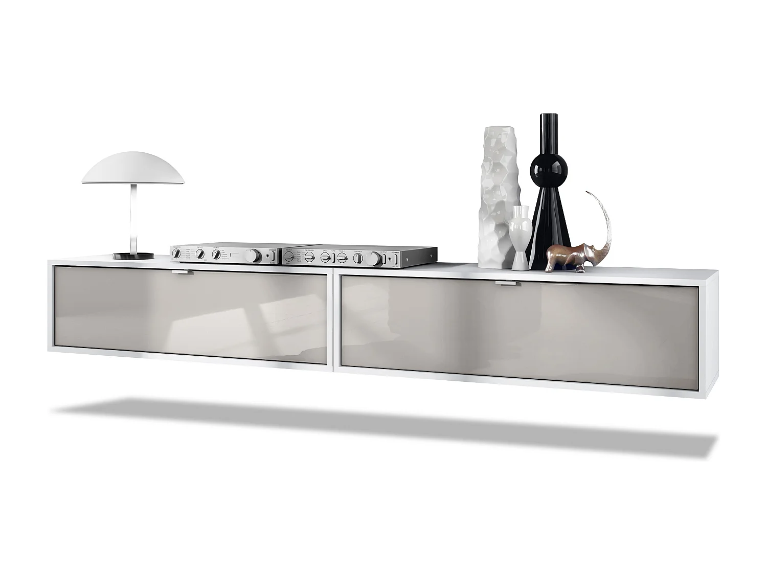 Ensemble de 2 set meuble TV Lana 100, lowboards de 100 x 29 x 37 cm chacun avec beaucoup d'espace de rangement, caisson en Blanc mat, façades en Gris sable brillant