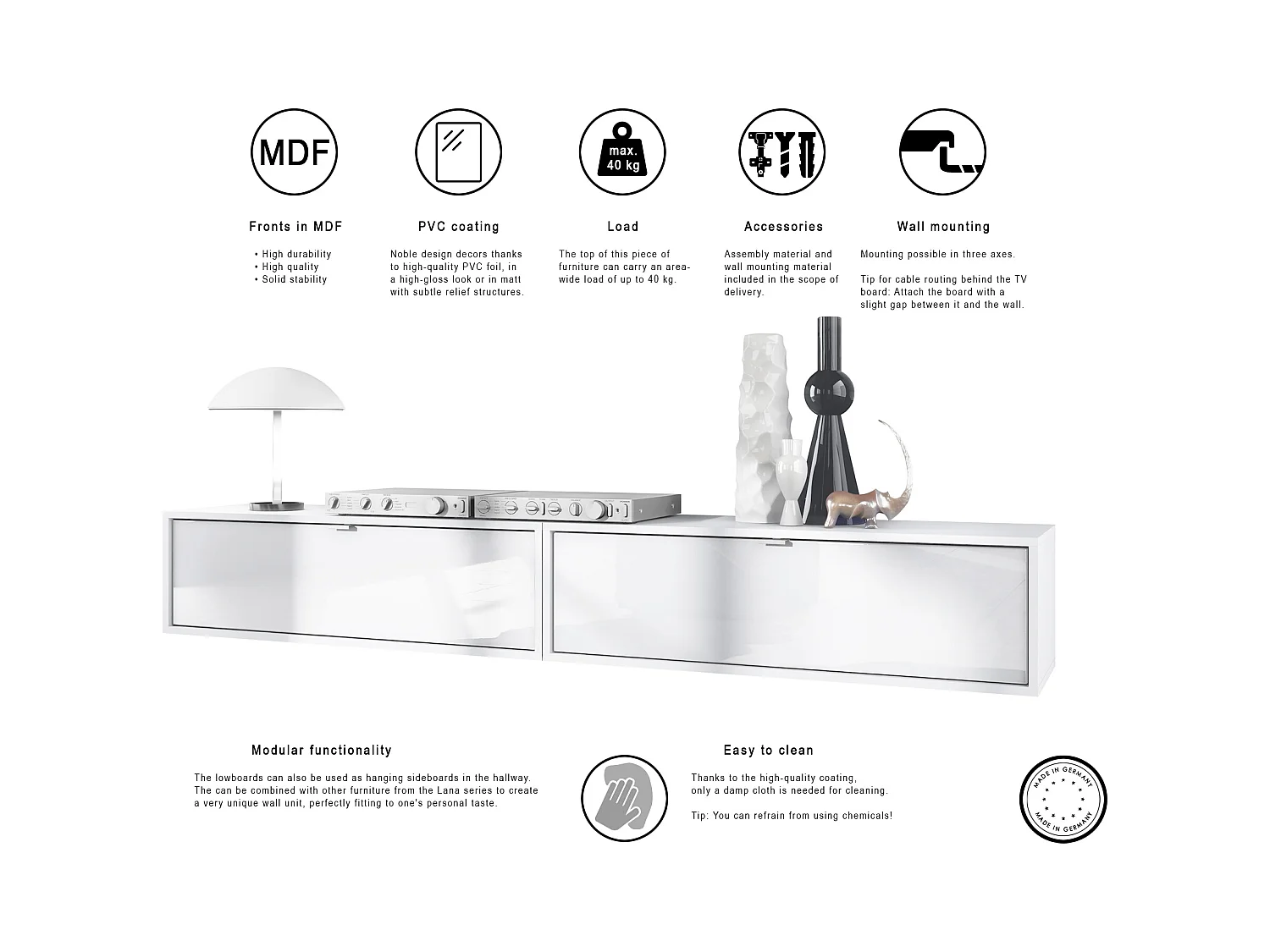 Ensemble de 2 set meuble TV Lana 100, lowboards de 100 x 29 x 37 cm chacun avec beaucoup d'espace de rangement, caisson en Blanc mat, façades en Gris sable brillant