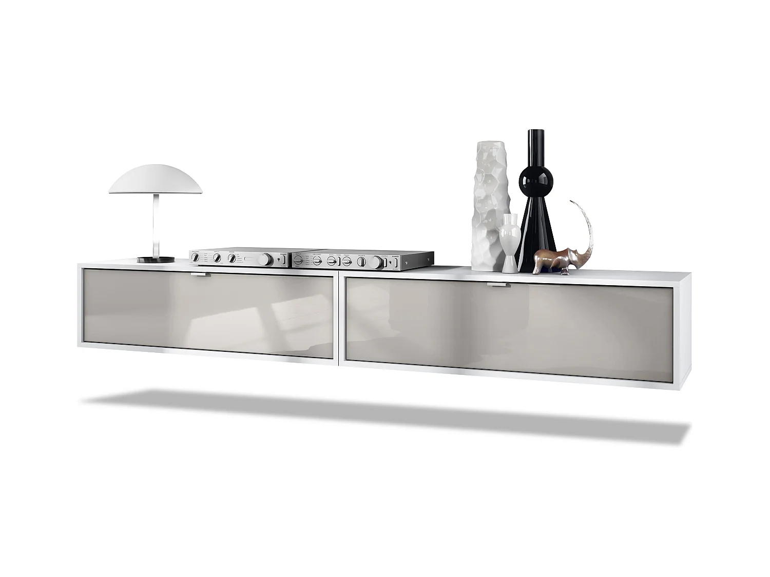 Ensemble de 2 set meuble TV Lana 100, lowboards de 100 x 29 x 37 cm chacun avec beaucoup d'espace de rangement, caisson en Blanc mat, façades en Gris sable brillant