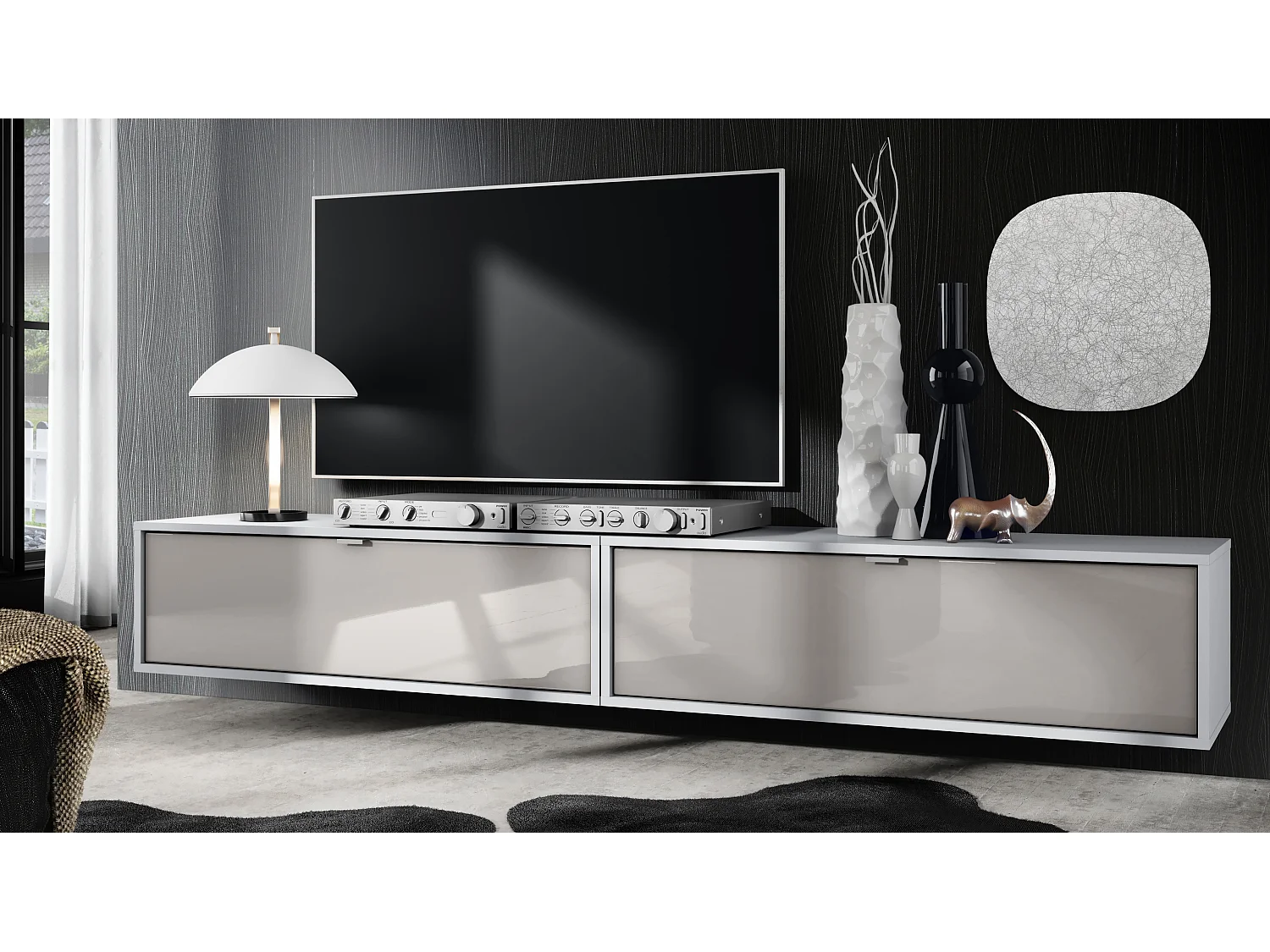 Ensemble de 2 set meuble TV Lana 100, lowboards de 100 x 29 x 37 cm chacun avec beaucoup d'espace de rangement, caisson en Blanc mat, façades en Gris sable brillant
