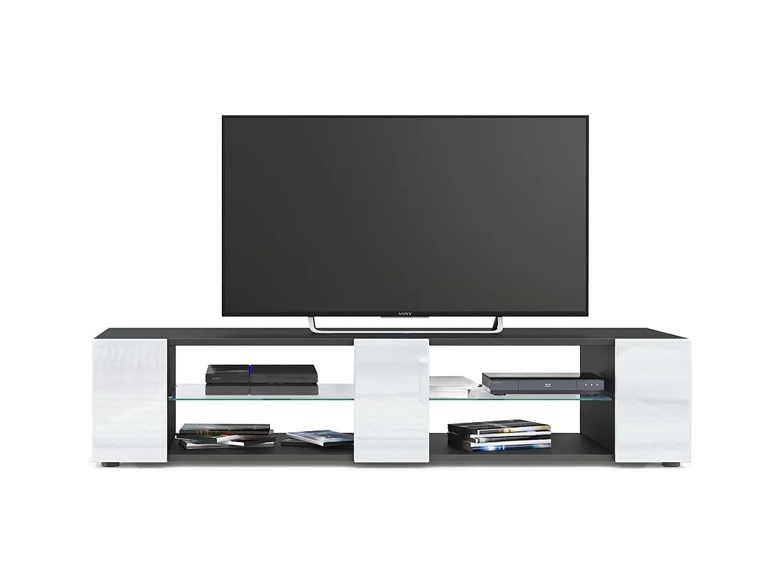 Buffet bas Movie V2, Meuble TV avec 6 compartiments ouverts et placages décoratifs, Noir mat/Blanc haute brillance (134 x 29 x 39 cm)