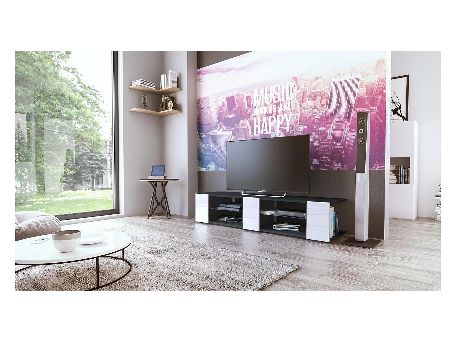 Buffet bas Movie V2, Meuble TV avec 6 compartiments ouverts et placages décoratifs, Noir mat/Blanc haute brillance (134 x 29 x 39 cm)