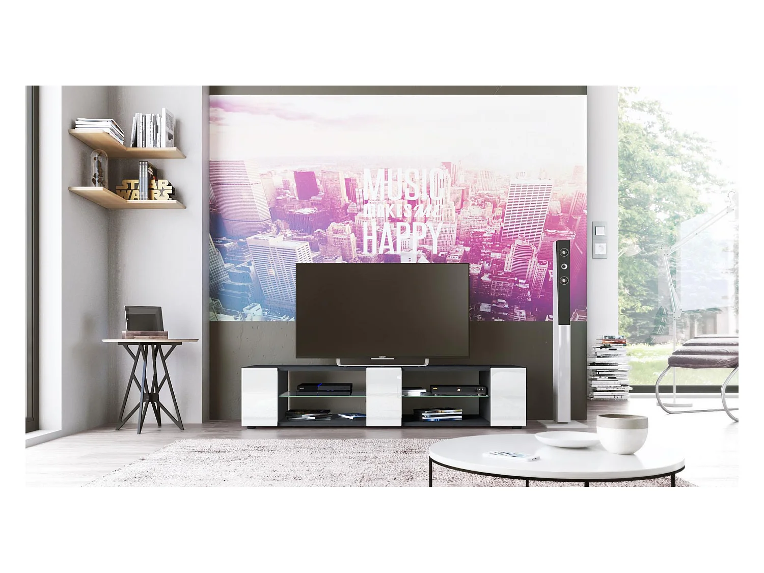 Buffet bas Movie V2, Meuble TV avec 6 compartiments ouverts et placages décoratifs, Noir mat/Blanc haute brillance (134 x 29 x 39 cm)