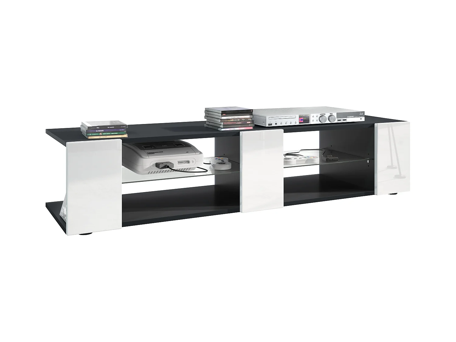 Buffet bas Movie V2, Meuble TV avec 6 compartiments ouverts et placages décoratifs, Noir mat/Blanc haute brillance (134 x 29 x 39 cm)