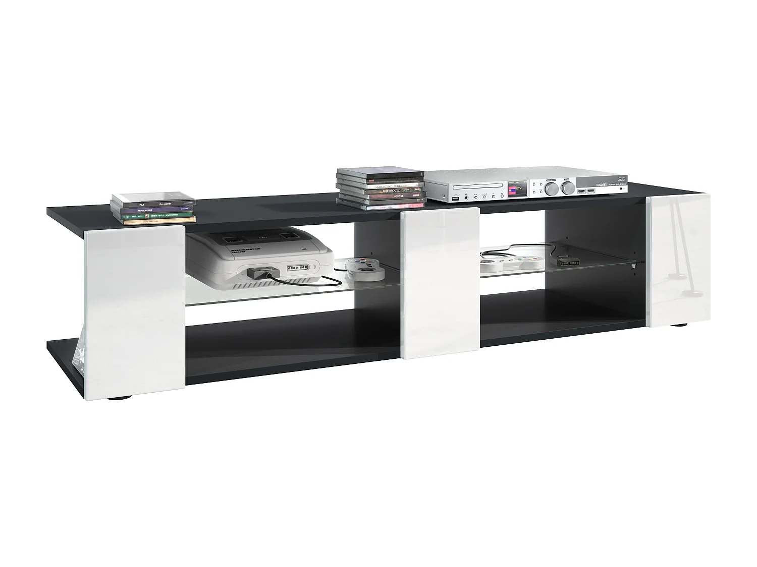 Buffet bas Movie V2, Meuble TV avec 6 compartiments ouverts et placages décoratifs, Noir mat/Blanc haute brillance (134 x 29 x 39 cm)