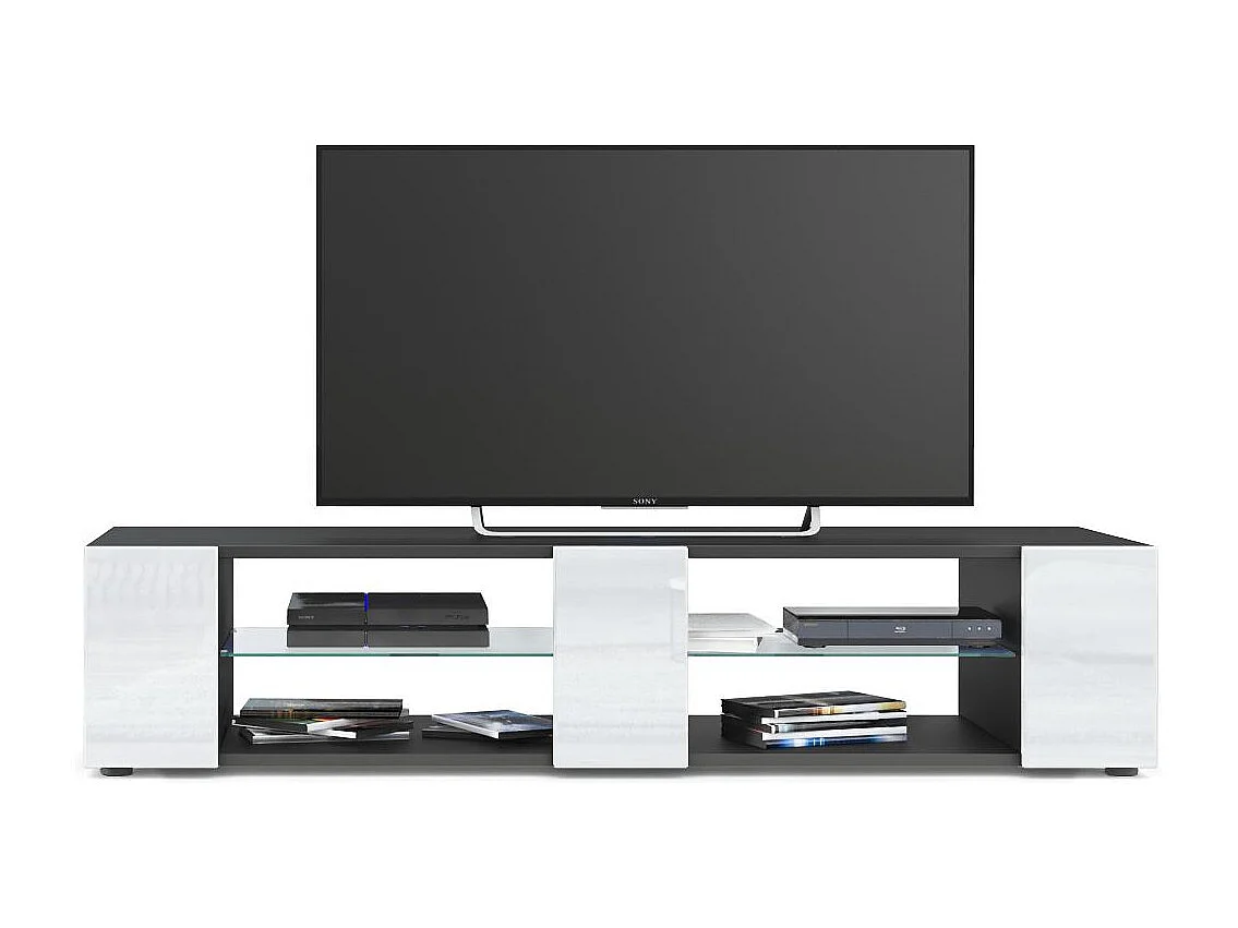 Buffet bas Movie V2, Meuble TV avec 6 compartiments ouverts et placages décoratifs, Noir mat/Blanc haute brillance (134 x 29 x 39 cm)