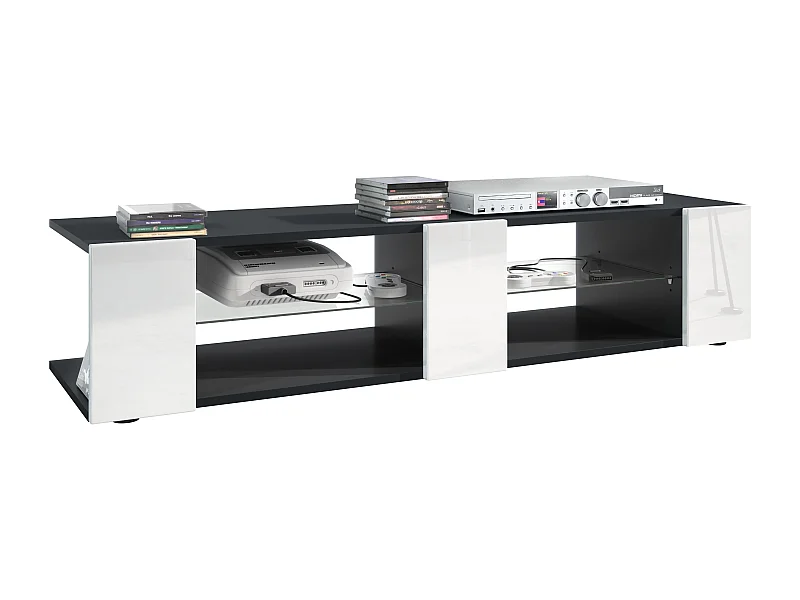 Buffet bas Movie V2, Meuble TV avec 6 compartiments ouverts et placages décoratifs, Noir mat/Blanc haute brillance (134 x 29 x 39 cm)