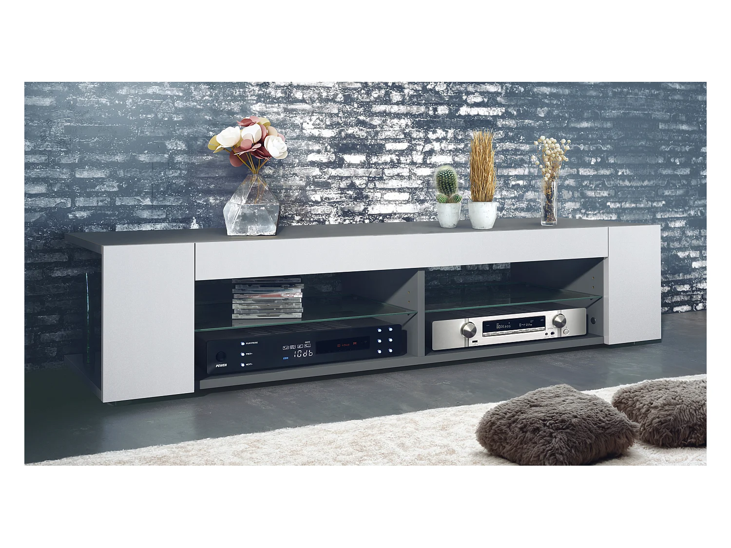Meuble TV Stream, meuble TV avec 4 compartiments ouverts et moulures décoratives, anthracite mat/ (134,5 x 30,5 x 38,5 cm)
