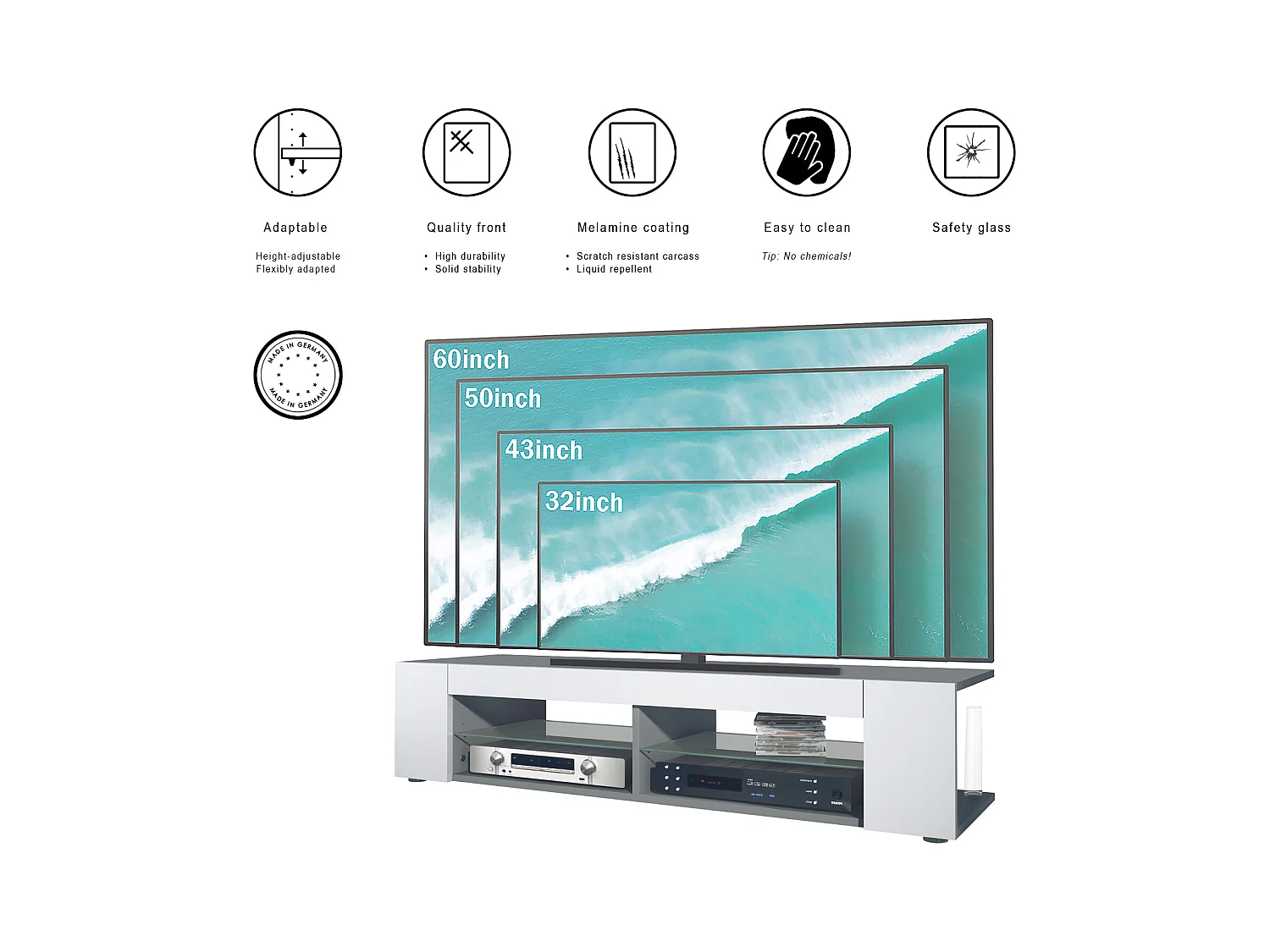 Meuble TV Stream, meuble TV avec 4 compartiments ouverts et moulures décoratives, anthracite mat/ (134,5 x 30,5 x 38,5 cm)