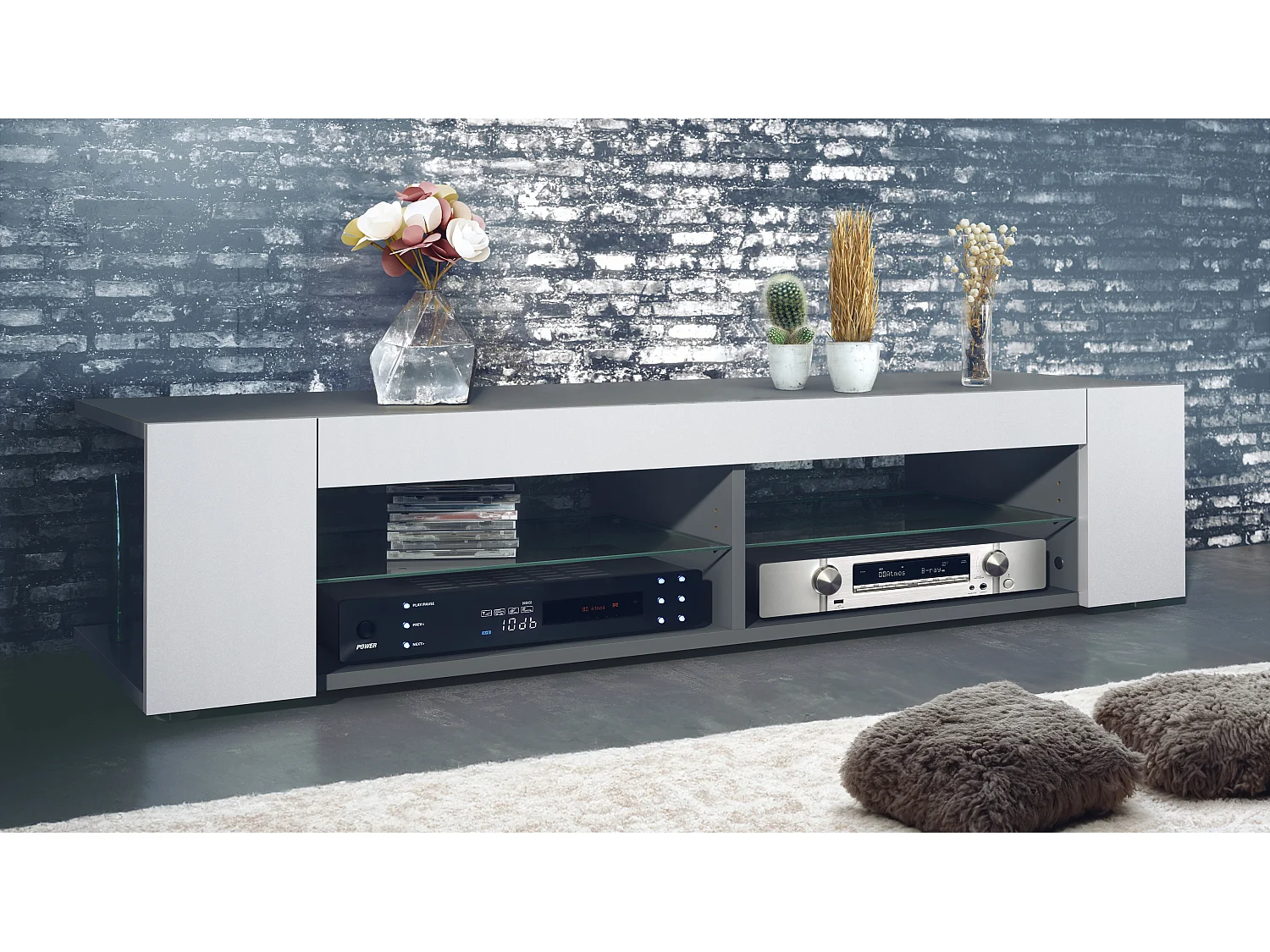 Meuble TV Stream, meuble TV avec 4 compartiments ouverts et moulures décoratives, anthracite mat/ (134,5 x 30,5 x 38,5 cm)